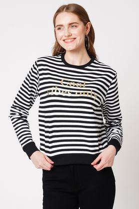 solid round neck blended fabric women's casual wear sweatshirt - black & white