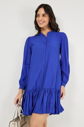 solid round neck blended fabric women's dress - blue