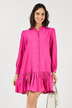 solid round neck blended fabric women's dress - pink