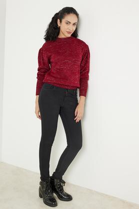 solid round neck blended fabric women's winter wear sweater - wine