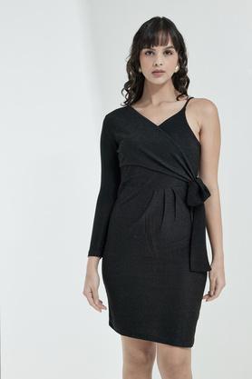 solid round neck blended women's knee length dress - black