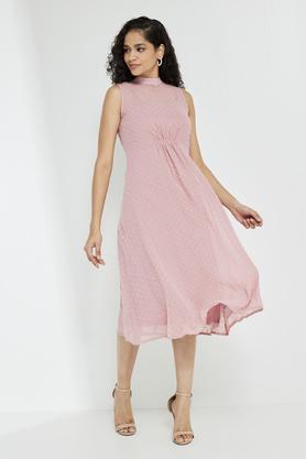 solid round neck blended women's knee length dress - dusty pink