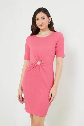 solid round neck blended women's knee length dress - pink