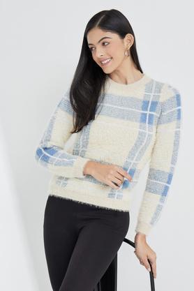 solid round neck blended women's pullover - blue