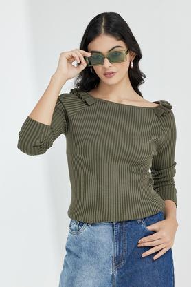 solid round neck blended women's pullover - olive