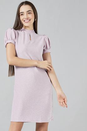 solid round neck blended women's regular fit midi dress - lilac