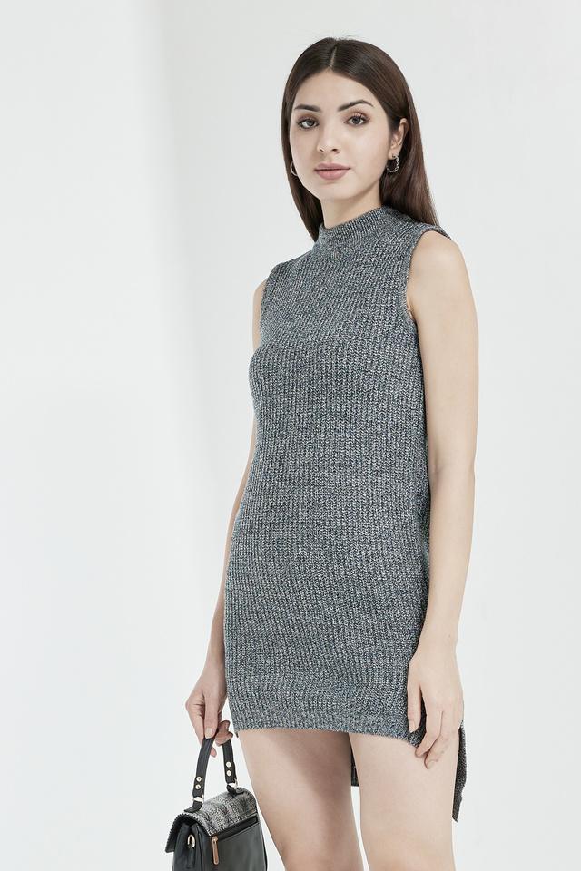 solid round neck blended womens dress