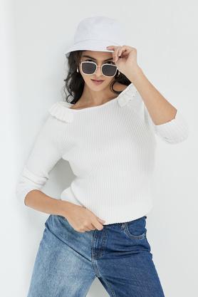 solid round neck blended womens pullover - white