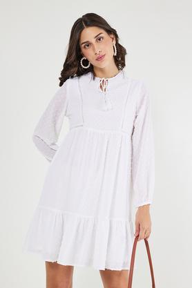 solid round neck chiffon women's dress - white