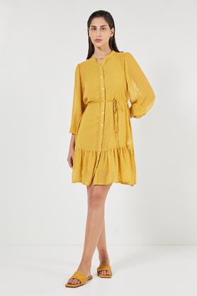 solid round neck chiffon women's dress - yellow