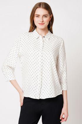 solid round neck cotton blend women's casual wear shirt - off white