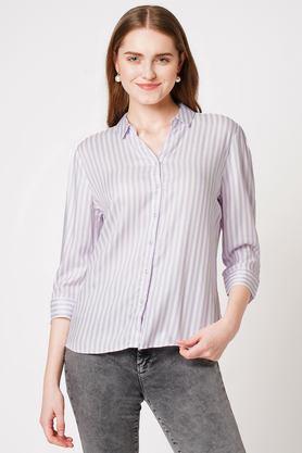 solid round neck cotton blend women's casual wear shirt - purple