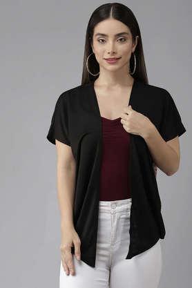 solid round neck cotton blend women's casual wear shrug - black