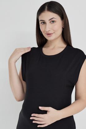solid round neck cotton blend women's maternity wear dress - black