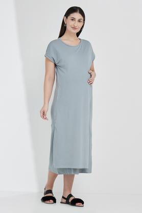 solid round neck cotton blend women's maternity wear dress - sage