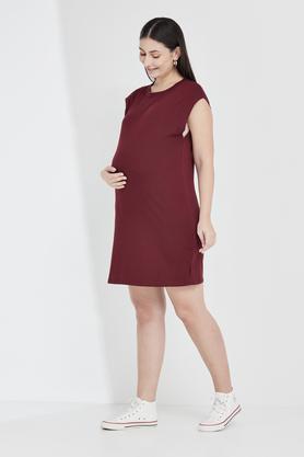 solid round neck cotton blend women's maternity wear dress - wine