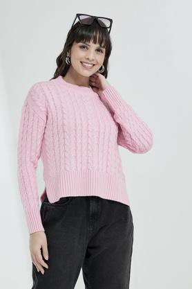 solid round neck cotton blend women's pullover - pink