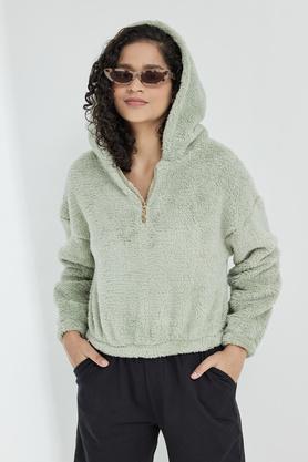 solid round neck cotton blend women's sweatshirts - sage