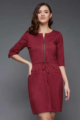 solid round neck cotton women's dress - maroon