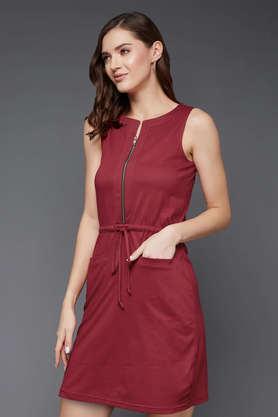 solid round neck cotton women's dress - maroon