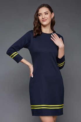 solid round neck cotton women's dress - navy