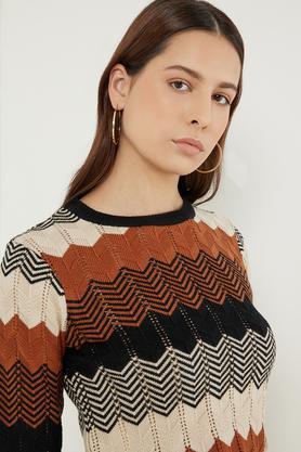 solid round neck cotton women's formal wear sweater - brown