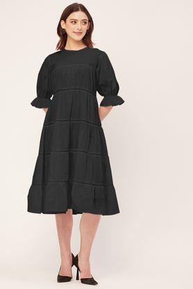 solid round neck cotton women's knee length dress - black