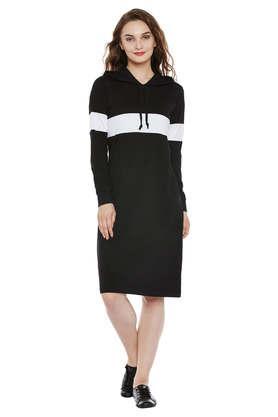 solid round neck cotton women's knee length dress - black