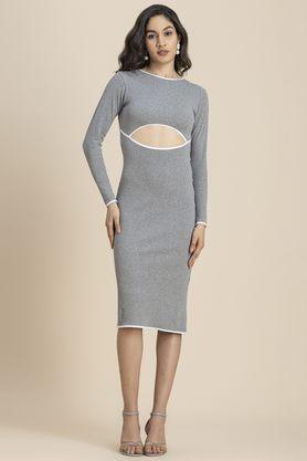 solid round neck cotton women's knee length dress - grey