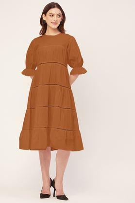 solid round neck cotton women's knee length dress - orange