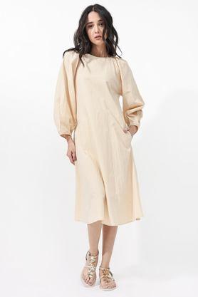 solid round neck cotton women's mid thigh a line dress - natural