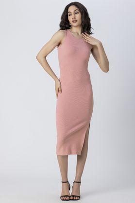 solid round neck cotton women's mini dress - pink