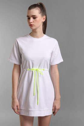 solid round neck cotton women's mini dress - white