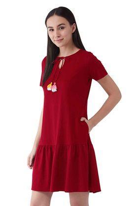 solid round neck cotton women's regular fit dress - maroon