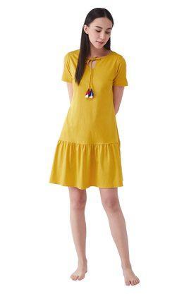 solid round neck cotton womens regular fit night dress - yellow
