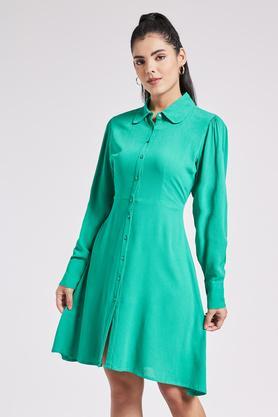 solid round neck crepe women's knee length dress - green
