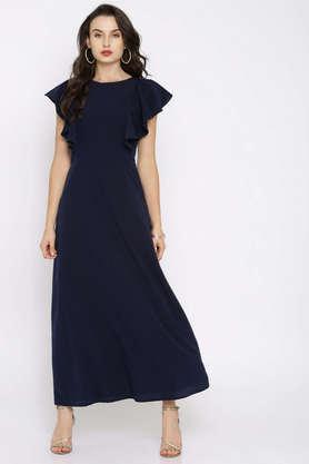 solid round neck crepe women's maxi dress - blue