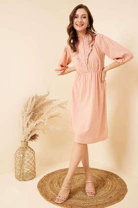 solid round neck crepe women's midi dress - peach