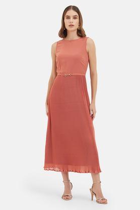 solid round neck georgette women's above knee dress - rust