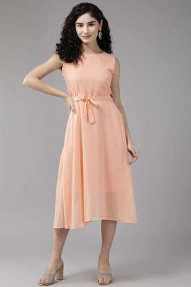solid round neck georgette women's calf length dress - peach