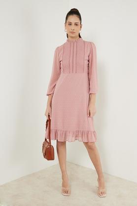 solid round neck georgette women's dress - pink