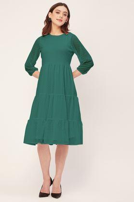 solid round neck georgette women's knee length dress - green