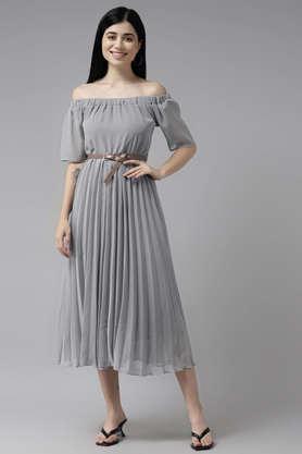 solid round neck georgette women's knee length dress - grey