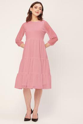 solid round neck georgette women's knee length dress - pink
