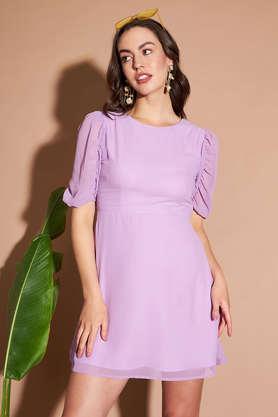 solid round neck georgette women's mini dress - lavender