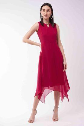 solid round neck georgette women's regular fit dress - pink