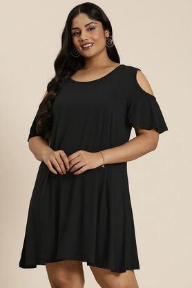 solid round neck jersey women's dress - black