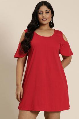 solid round neck jersey women's dress - red