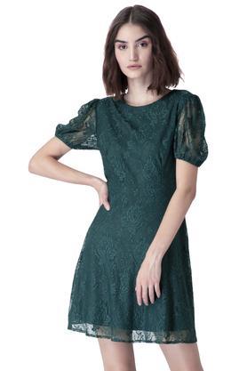 solid round neck lace women's a-line dress - green