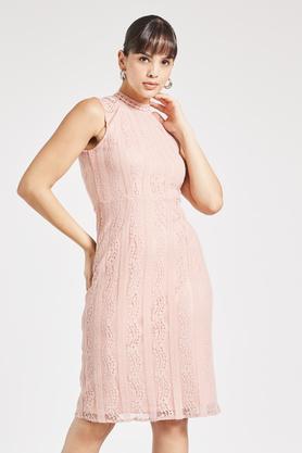 solid round neck lace women's knee length dress - blush